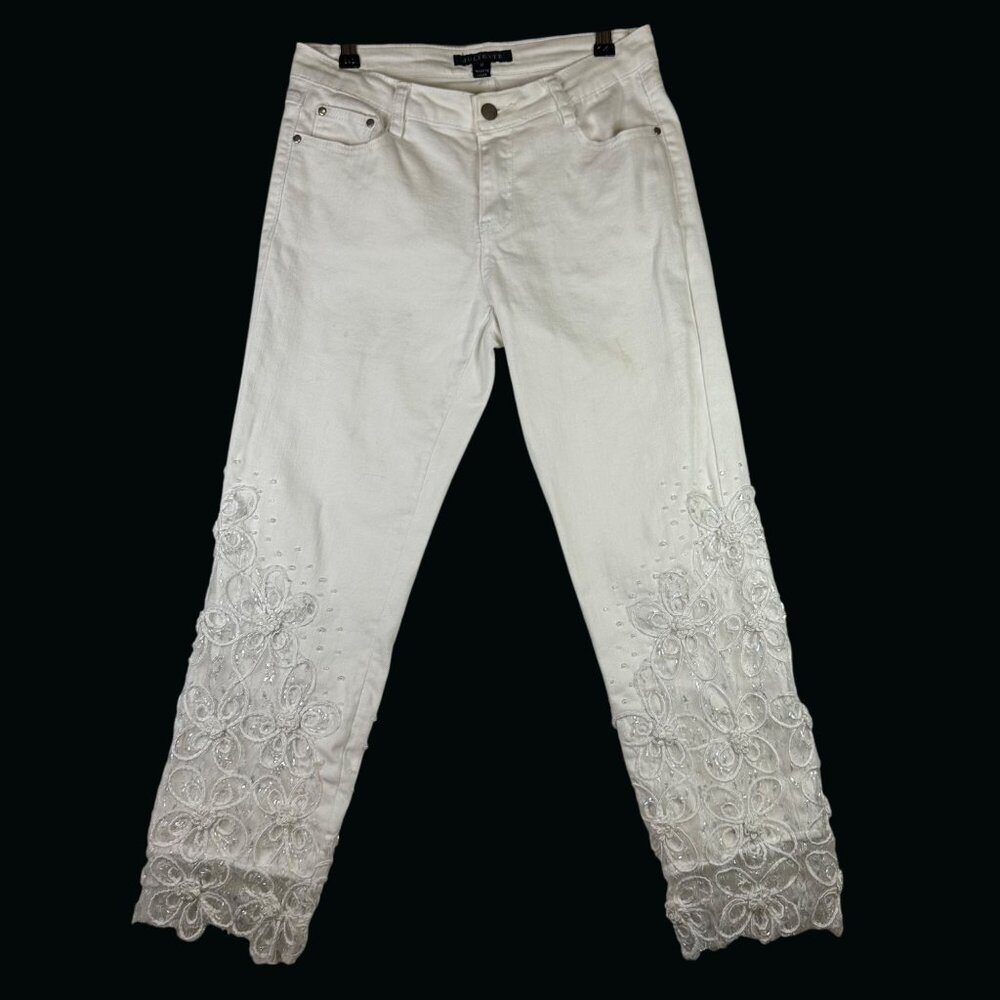 White Juliette Cropped Jeans Sz 6 Embroidered Floral Lace Overlay Sequins Chic
